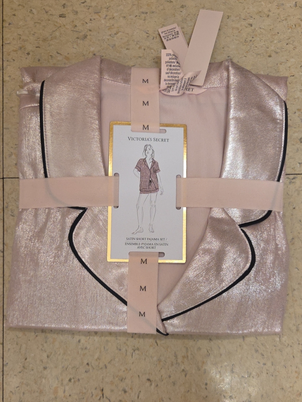 Victoria's Secret Satin Short Pajama Set in Blush Pink with Black Piping